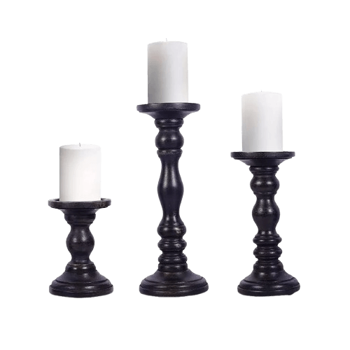 MANGO WOOD PILLAR CANDLE HOLDER SET OF 3 (BLACK)